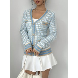 Women'S Elegant Color-Block V-Neck Cardigan with Button Front - Light Blue & White Cable Long Sleeve, Casual Chic Style for All Seasons, Allseason Cardigan | Vneck Cardigan | Cable Cardigan