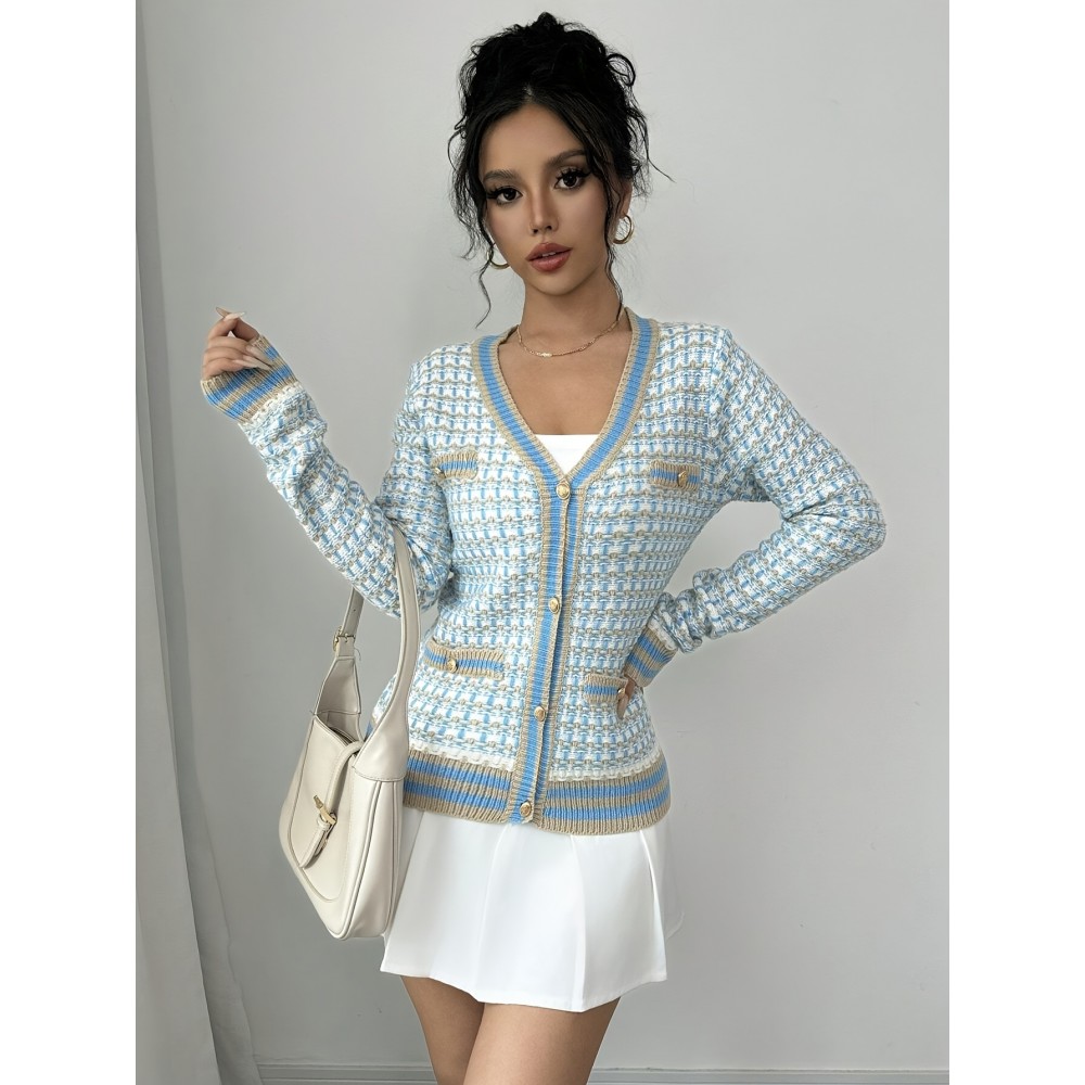 Women'S Elegant Color-Block V-Neck Cardigan with Button Front - Light Blue & White Cable Long Sleeve, Casual Chic Style for All Seasons, Allseason Cardigan | Vneck Cardigan | Cable Cardigan