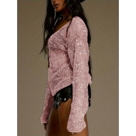 Sequined Hollow Mesh Round Neck Long Sleeve Women's Pullover, Sexy Loose Sheer Ladies Top, Versatile Nightclub Party Outfit
