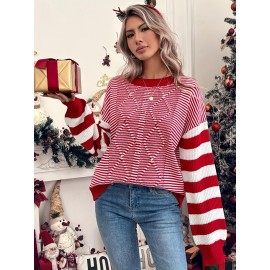 Women'S Red & White Striped Sweater - Long Sleeve Round Neck Pullover, All-Season Casual Elegant Sweater for Everyday & Formal Outfits