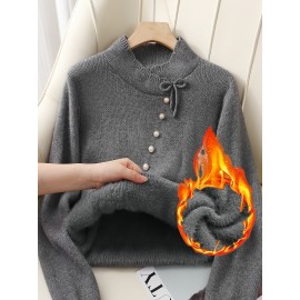 Women's Thick & Soft Sweater with Bow Buttons - Winter Warm Round Neck Long Sleeve Cozy Sweater, Beige & White Cable- Design, All-Season Casual Elegant Pullover for Fall and Winter Layering, Hand Wash or Dry Clean, Solid Color with Bow Detail, Medium Stretch, Relaxed Fit, Fleece Lining for Extra Warmth, Chic and Comfortable for Casual Attire, Cozy Sweaters For Women, Casual Long Sleeve Sweater, Oversized Knit Sweater, Colourfull Loose Sweater For Women,