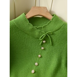 Women's Thick & Soft Sweater with Bow Buttons - Winter Warm Round Neck Long Sleeve Cozy Sweater, Beige & White Cable- Design, All-Season Casual Elegant Pullover for Fall and Winter Layering, Hand Wash or Dry Clean, Solid Color with Bow Detail, Medium Stretch, Relaxed Fit, Fleece Lining for Extra Warmth, Chic and Comfortable for Casual Attire, Cozy Sweaters For Women, Casual Long Sleeve Sweater, Oversized Knit Sweater, Colourfull Loose Sweater For Women,