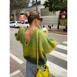 Women'S Elegant French-Inspired V-Neck Long Sleeve Cardigan - Gradient Green to Yellow, Open Front Design, Lightweight & Breathable for Spring/Fall, Perfect for Casual or Stylish Outfits, Spring Outerwear, Relaxed Fit, Soft Texture, Women Jumper And Sweater, Jumper Women Winter, Fall-autumn Clothe For Women, Pink Jumper, White Pink Fabric Strip, Off-shoulder Long Sleeve, Asymmetric Mustard Sweater, Winter For Women Outfit