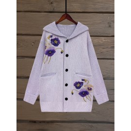 [Light Purple Hooded Sweater] European and American Retro Style Light Purple Hooded Thick Open Front Loose Long Sweater with Floral Print