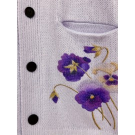 [Light Purple Hooded Sweater] European and American Retro Style Light Purple Hooded Thick Open Front Loose Long Sweater with Floral Print