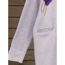 [Light Purple Hooded Sweater] European and American Retro Style Light Purple Hooded Thick Open Front Loose Long Sweater with Floral Print