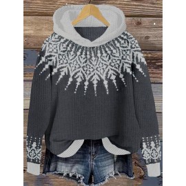Women'S Elegant Hooded Sweatshirt - & Teal Color Block Pullover with Snowflake Pattern, Cozy Winter Sweater for Everyday & Formal Outfits