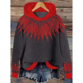 Women'S Elegant Hooded Sweatshirt - & Teal Color Block Pullover with Snowflake Pattern, Cozy Winter Sweater for Everyday & Formal Outfits