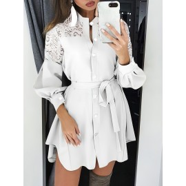 Long-sleeved lace dress with buttoned waist tie