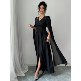Women'S Elegant V-Neck Maxi Dress with Pearl Accents - Long Formal Party Wedding Guest Dress, Flattering Fit for Summer Events, Formal Events, Parties, Wedding Guest Attire, Vneck Design, Flowy Fabric