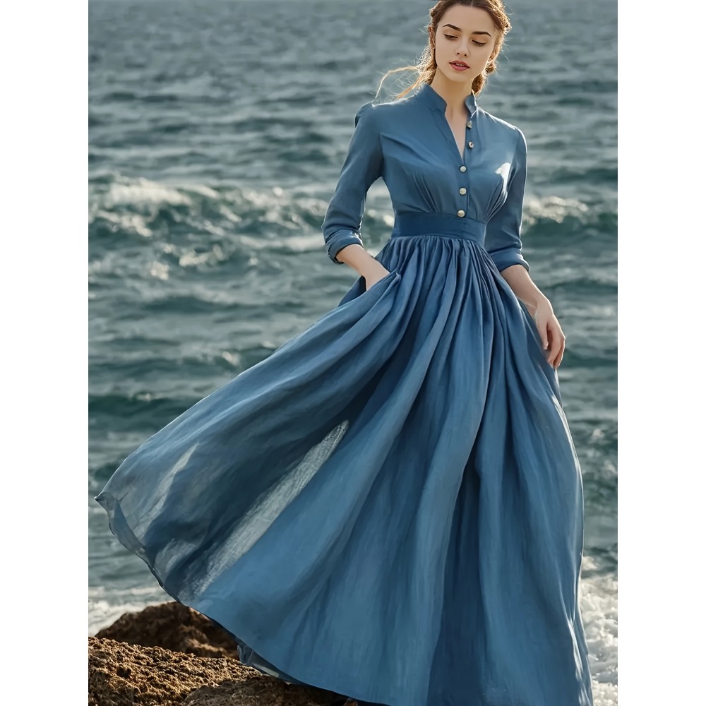 Elegant French-Inspired Vintage-Inspired V-Neck Long Sleeve Maxi Dress with Button Detail - Light Blue, Flowing A-Line Silhouette, Perfect for Summer, Adult Women'S Fashion, Casual Elegance|Vintageinspired Dress|Button Detail Dress, Wedding Guest Dresse Women Plu Size, Wedding Guest Outfit Women Plu Size, Wedding Guest Dresse Women Size, Plu Size Wedding Guest Dresse, Plu Size Women Dresse, Dress Women Offer, Vintage Dress For Women, Casual And Elegant Dress For Women, Summer Dress