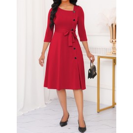 Elegant Slim Fit Solid Color Midi Dress with Waist Tie and Button Front - Chic Flared Silhouette, Long Sleeves, and Belted Waistband for a Sophisticated Look, A-Neck Style, Perfect for All Seasons, Stylish Women'S Dress, Perfect for Parties and Events