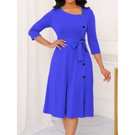 Elegant Slim Fit Solid Color Midi Dress with Waist Tie and Button Front - Chic Flared Silhouette, Long Sleeves, and Belted Waistband for a Sophisticated Look, A-Neck Style, Perfect for All Seasons, Stylish Women'S Dress, Perfect for Parties and Events