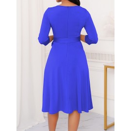 Elegant Slim Fit Solid Color Midi Dress with Waist Tie and Button Front - Chic Flared Silhouette, Long Sleeves, and Belted Waistband for a Sophisticated Look, A-Neck Style, Perfect for All Seasons, Stylish Women'S Dress, Perfect for Parties and Events