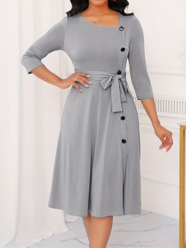 Elegant Slim Fit Solid Color Midi Dress with Waist Tie and Button Front - Chic Flared Silhouette, Long Sleeves, and Belted Waistband for a Sophisticated Look, A-Neck Style, Perfect for All Seasons, Stylish Women'S Dress, Perfect for Parties and Events