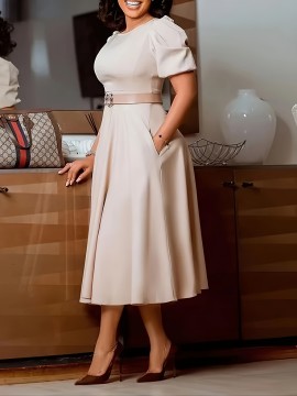 Crew Neck Big Swing With Pocket Essential Dress, Elegant Puff Sleeve Dress For Spring & Summer, Women's Clothing