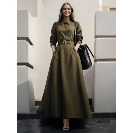 Elegant Slimming Waist-Cinching A-Line Dress with Button Detail - Polyester, Machine Washable - Perfect for All Seasons