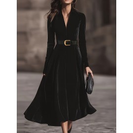 Women'S Elegant Vintage Black Velvet Maxi Dress with Deep V-Neck & Metallic Belt - Long Sleeve A-Line Floor-Length Formal Evening Gown for Fall/Winter, Sophisticated Party Wedding Attire, Winter Formal Wear, Sophisticated Style, Highquality Fabric
