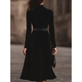 Women'S Elegant Vintage Black Velvet Maxi Dress with Deep V-Neck & Metallic Belt - Long Sleeve A-Line Floor-Length Formal Evening Gown for Fall/Winter, Sophisticated Party Wedding Attire, Winter Formal Wear, Sophisticated Style, Highquality Fabric