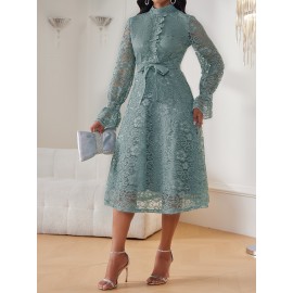 Women'S Elegant Mint Green Lace Dress with Belted Waist & Ruffled Hem - Long Sleeve A-Line Mid-Length Formal & Casual Dress for Weddings, Business