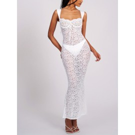 1pc Elegant Polyester Lace Sleeveless Maxi Dress for Women - Sexy Backless Bodycon Cami with Sweetheart Neckline, Solid Color, All-Season, Weave Knit Fabric