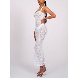 1pc Elegant Polyester Lace Sleeveless Maxi Dress for Women - Sexy Backless Bodycon Cami with Sweetheart Neckline, Solid Color, All-Season, Weave Knit Fabric