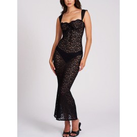 1pc Elegant Polyester Lace Sleeveless Maxi Dress for Women - Sexy Backless Bodycon Cami with Sweetheart Neckline, Solid Color, All-Season, Weave Knit Fabric