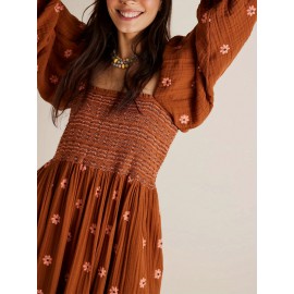 Women'S Floral Embroidered Maxi Dress with Puff Sleeves, Square Neck, Draped Tiered A-Line Skirt, 100% Polyester, Casual Summer Knit Fabric - Flowy Long Dress