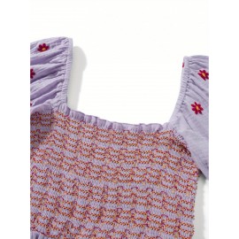 Women'S Floral Embroidered Maxi Dress with Puff Sleeves, Square Neck, Draped Tiered A-Line Skirt, 100% Polyester, Casual Summer Knit Fabric - Flowy Long Dress