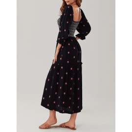 Women'S Floral Embroidered Maxi Dress with Puff Sleeves, Square Neck, Draped Tiered A-Line Skirt, 100% Polyester, Casual Summer Knit Fabric - Flowy Long Dress