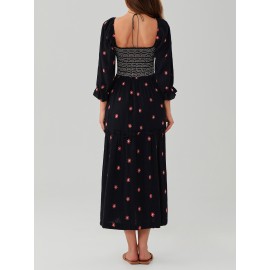 Women'S Floral Embroidered Maxi Dress with Puff Sleeves, Square Neck, Draped Tiered A-Line Skirt, 100% Polyester, Casual Summer Knit Fabric - Flowy Long Dress