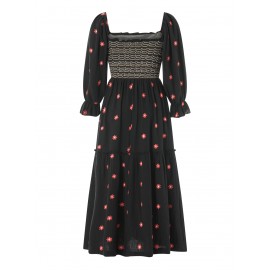 Women'S Floral Embroidered Maxi Dress with Puff Sleeves, Square Neck, Draped Tiered A-Line Skirt, 100% Polyester, Casual Summer Knit Fabric - Flowy Long Dress