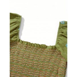 Women'S Floral Embroidered Maxi Dress with Puff Sleeves, Square Neck, Draped Tiered A-Line Skirt, 100% Polyester, Casual Summer Knit Fabric - Flowy Long Dress