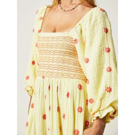 Women'S Floral Embroidered Maxi Dress with Puff Sleeves, Square Neck, Draped Tiered A-Line Skirt, 100% Polyester, Casual Summer Knit Fabric - Flowy Long Dress