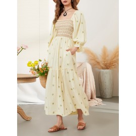 Women'S Floral Embroidered Maxi Dress with Puff Sleeves, Square Neck, Draped Tiered A-Line Skirt, 100% Polyester, Casual Summer Knit Fabric - Flowy Long Dress