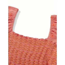 Women'S Floral Embroidered Maxi Dress with Puff Sleeves, Square Neck, Draped Tiered A-Line Skirt, 100% Polyester, Casual Summer Knit Fabric - Flowy Long Dress