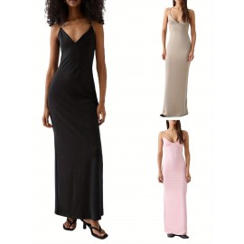 1pc Elegant Solid Color Slingback Evening Gown for Women - Off the Shoulder V-Neck Sleeveless Fitted Spaghetti Strap Long Dress - Woven Fabric for Spring/Summer/Fall