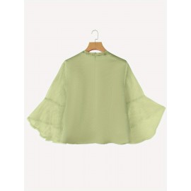 Plus Size - Women'S Elegant V-Neck Blouse with Sheer Mesh Lace Sleeves - Lightweight Loose Fit 3/4 Sleeve Top, Solid Color Casual Chic Shirt for Spring Summer Fall, Versatile for Casual & Formal Wear, Seasonal Fashion, Nontransparent Fabric