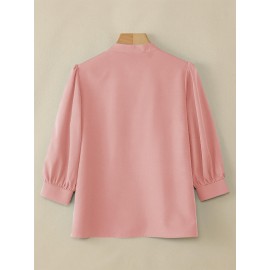 Plus Size - ZANZEA Women'S Elegant 3/4 Lantern Sleeve Stand Collar Blouse - Lightweight Non-Stretch Solid Color Casual Shirt with Button Front, All-match Leisure Top For Plus Size, Versatile Clothing