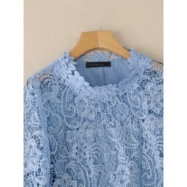 Plus Size - Plus Size, ZANZEA Women'S Elegant Lace Sleeve Blouse - Lightweight Non-Stretchy Solid Pink/Red - Structured Waist & Flared Hem, Crew Neck Blouse For Wedding, Party, Everyday - All-match Women'S Tops, Lace Blouse