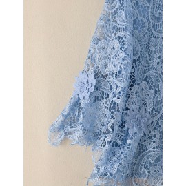 Plus Size - Plus Size, ZANZEA Women'S Elegant Lace Sleeve Blouse - Lightweight Non-Stretchy Solid Pink/Red - Structured Waist & Flared Hem, Crew Neck Blouse For Wedding, Party, Everyday - All-match Women'S Tops, Lace Blouse