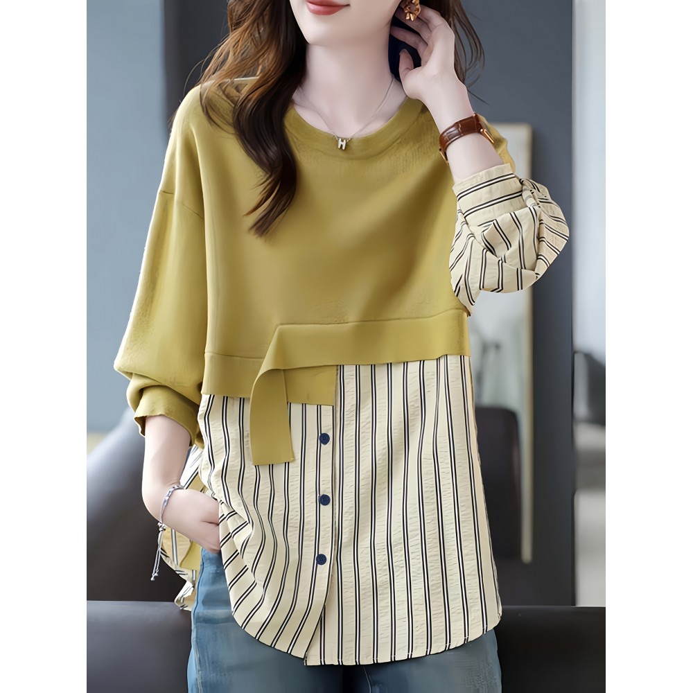 [Plus Size Women's Stylish] Plus Size Women's Stylish Fashionable Round Neck Spliced Striped Shirt Top | Button Up Long Sleeves Evening Tops Blouses High Quality