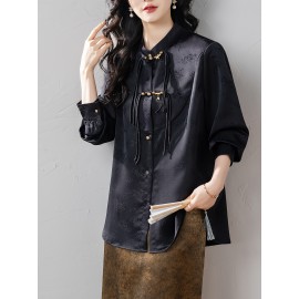 [Plus Size Retro Jacquard Shirt] Autumn New Retro Jacquard Plus Size Button-Up Shirt for Women | Loose Fit Long Sleeve Blouse with Stand Collar, Solid Color Casual Chic Top for Spring & Fall, Comfortable T-Shirt, Spring Fashion, Elegant Design, Durable Fabric, Stylish