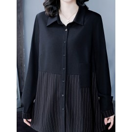 Plus Size, Women's Plus Size Long Sleeve Blouse - Black with Vertical line pattern, Elegant Office & Casual Shirt, Non-See-Through Formal Tops for Women (Machine Washable)