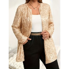 Plus Size, Women's Elegant Sparkling Sequin Jacket - Sequin-Encrusted Collar & Cuff, Structured Blazer Coat for Parties, Weddings, Prom - Shiny Blazer Outerwear (Hand Wash/Dry Clean) - Spring/Fall Formal Attire