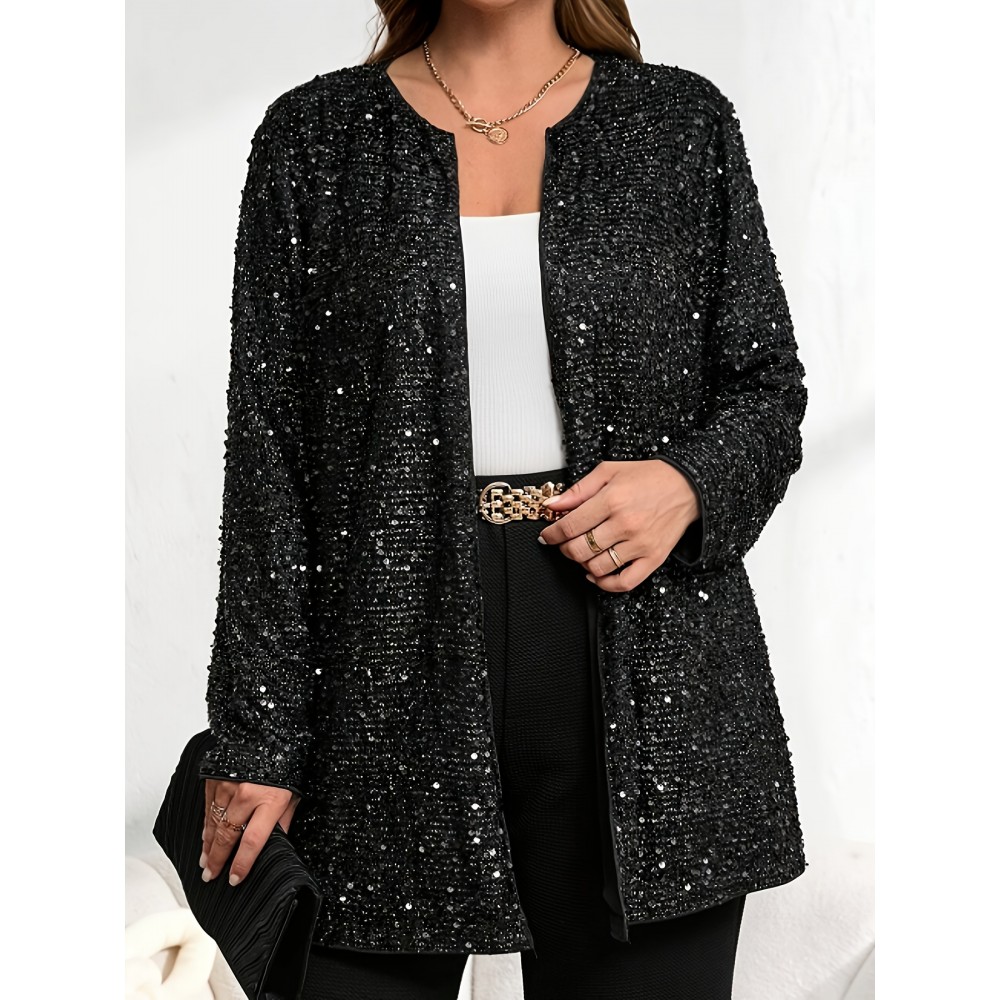 Plus Size, Women's Elegant Sparkling Sequin Jacket - Sequin-Encrusted Collar & Cuff, Structured Blazer Coat for Parties, Weddings, Prom - Shiny Blazer Outerwear (Hand Wash/Dry Clean) - Spring/Fall Formal Attire