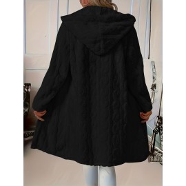 Plus Size - Elegant Plus Size Faux Fur Coat for Women - Long Sleeve, Button-Up, Hooded, Solid Black, Medium Stretch, Spring/Fall Outerwear, Stylish Layering Piece, Spring Outerwear | Buttonup Coat | Medium Stretch Fabric