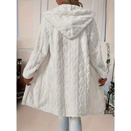 Plus Size - Elegant Plus Size Faux Fur Coat for Women - Long Sleeve, Button-Up, Hooded, Solid Black, Medium Stretch, Spring/Fall Outerwear, Stylish Layering Piece, Spring Outerwear | Buttonup Coat | Medium Stretch Fabric