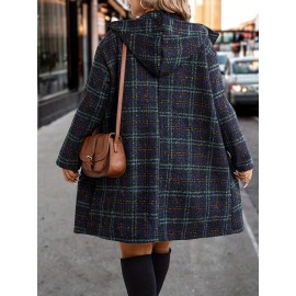 Plus Size, Plus Size Women's Elegant Tweed Coat with Double-Layer Hood & H-Line Silhouette - Knee-Length Button-Front Winter Jacket, Spacious Warm Outerwear for Fall/Winter, Casual to Dressy Occasions (Machine Washable)