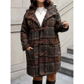 Plus Size, Plus Size Women's Elegant Tweed Coat with Double-Layer Hood & H-Line Silhouette - Knee-Length Button-Front Winter Jacket, Spacious Warm Outerwear for Fall/Winter, Casual to Dressy Occasions (Machine Washable)